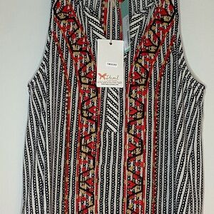 THML Black and White Striped Blouse with Red Accents